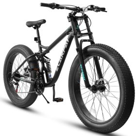 A26309 26 Inch Mountain Bike,Full-Suspension 21 Speeds Drivetrain With Disc-Brake Bicycle, Fat Tire Bike For Men (Option: Black)
