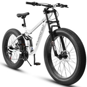 A26309 26 Inch Mountain Bike,Full-Suspension 21 Speeds Drivetrain With Disc-Brake Bicycle, 26x4inch Fat Tire Bike For Men (Option: White)