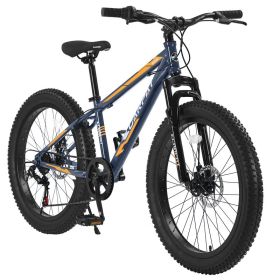 S24109 Elecony 24 Inch Fat Tire Bike Youth Full Shimano 7 Speeds Mountain Bike, Dual Disc Brake, High-Carbon Steel Frame, Front Suspension, Mount (Option: Gray)