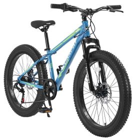 S24109 Elecony 24 Inch Fat Tire Bike Youth Full Shimano 7 Speeds Mountain Bike, Dual Disc Brake, High-Carbon Steel Frame, Front Suspension, Mount (Option: Blue Green)